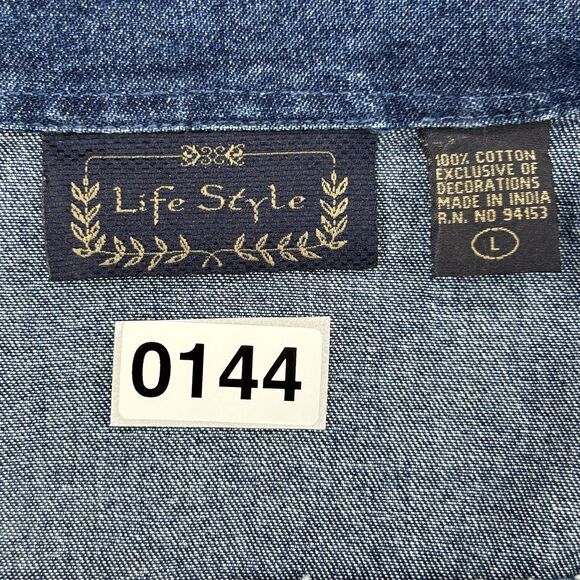 Vintage Life Style Jacket Women L Boho Blue Denim Floral Jewel Button Fringe 90s - Picture 14 of 14